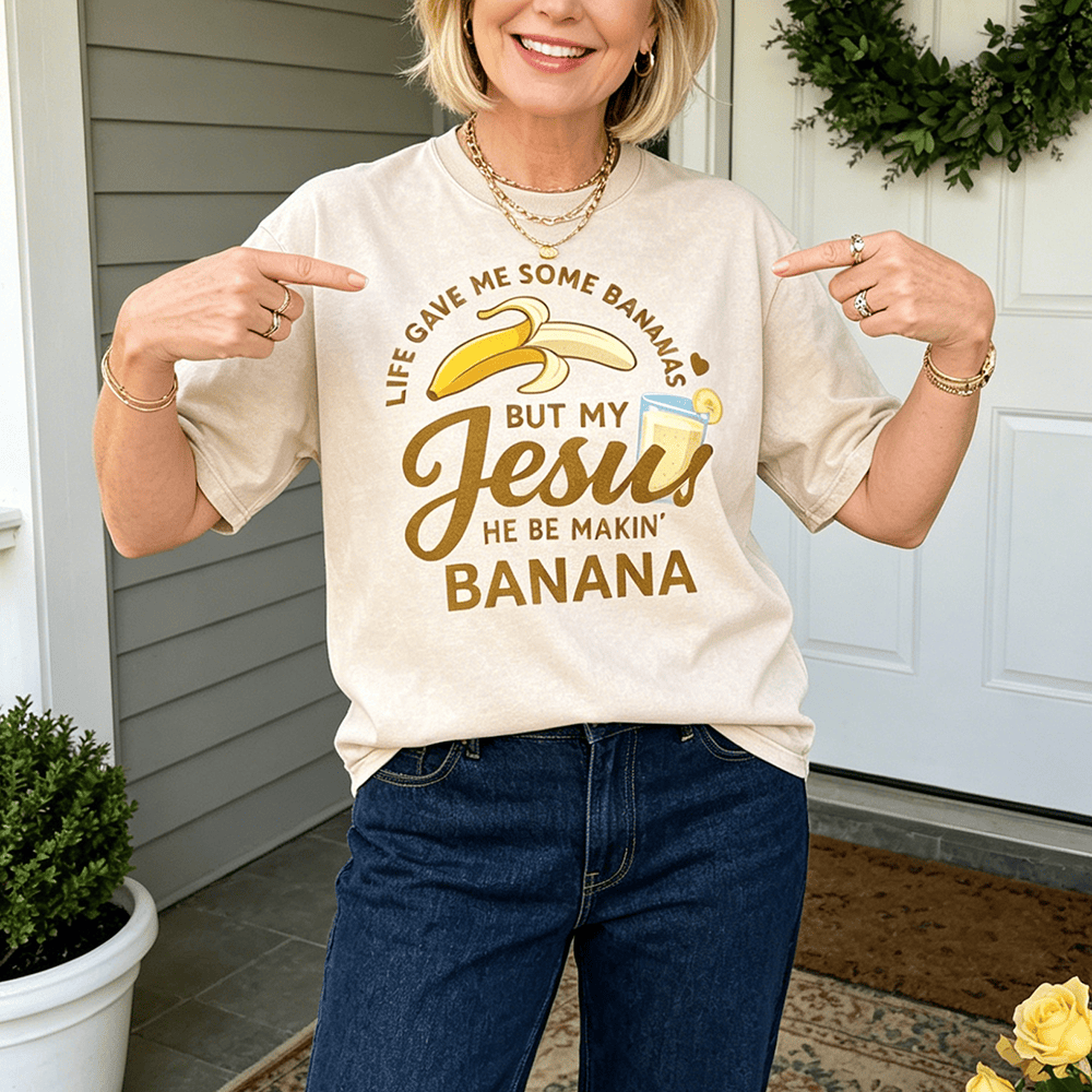Christianartworkshop Das Leben gab mir Bananen, aber mein Jesus macht Bananengetränk – Grafik-T-Shirt (gewaschen) - image 0