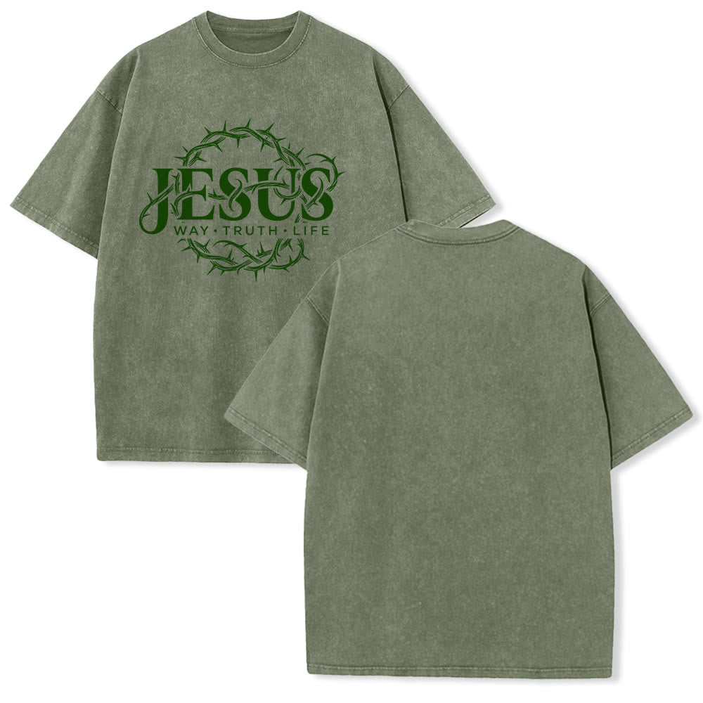Christianartworkshop Jesus Weg Wahrheit Leben Dornenkrone Rundgrafik Gewaschenes Unisex T-Shirt - Armeegrün - 5XL - image 7