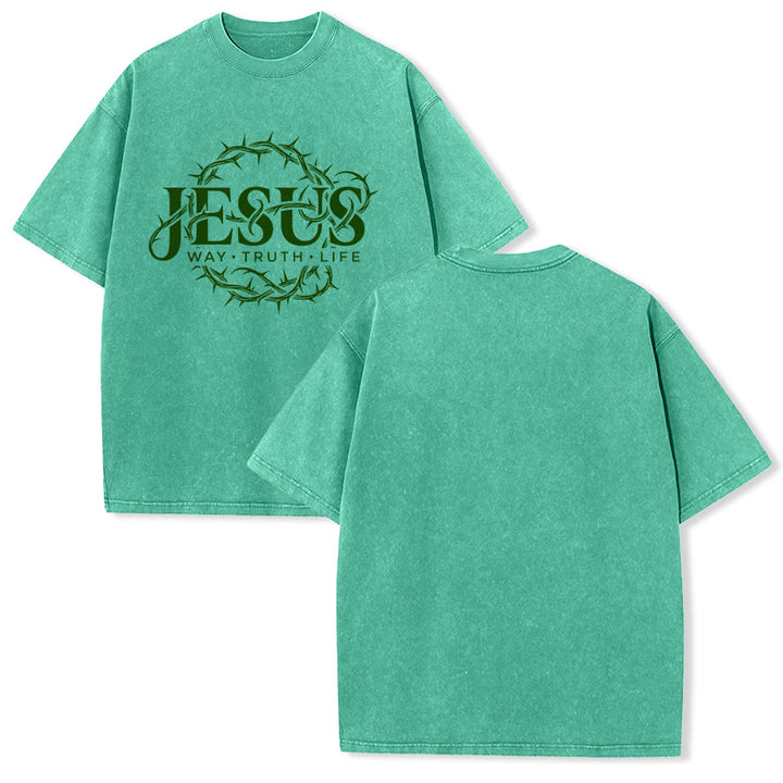 Christianartworkshop Jesus Weg Wahrheit Leben Dornenkrone Rundgrafik Gewaschenes Unisex T-Shirt - Grün - 5XL - image 10
