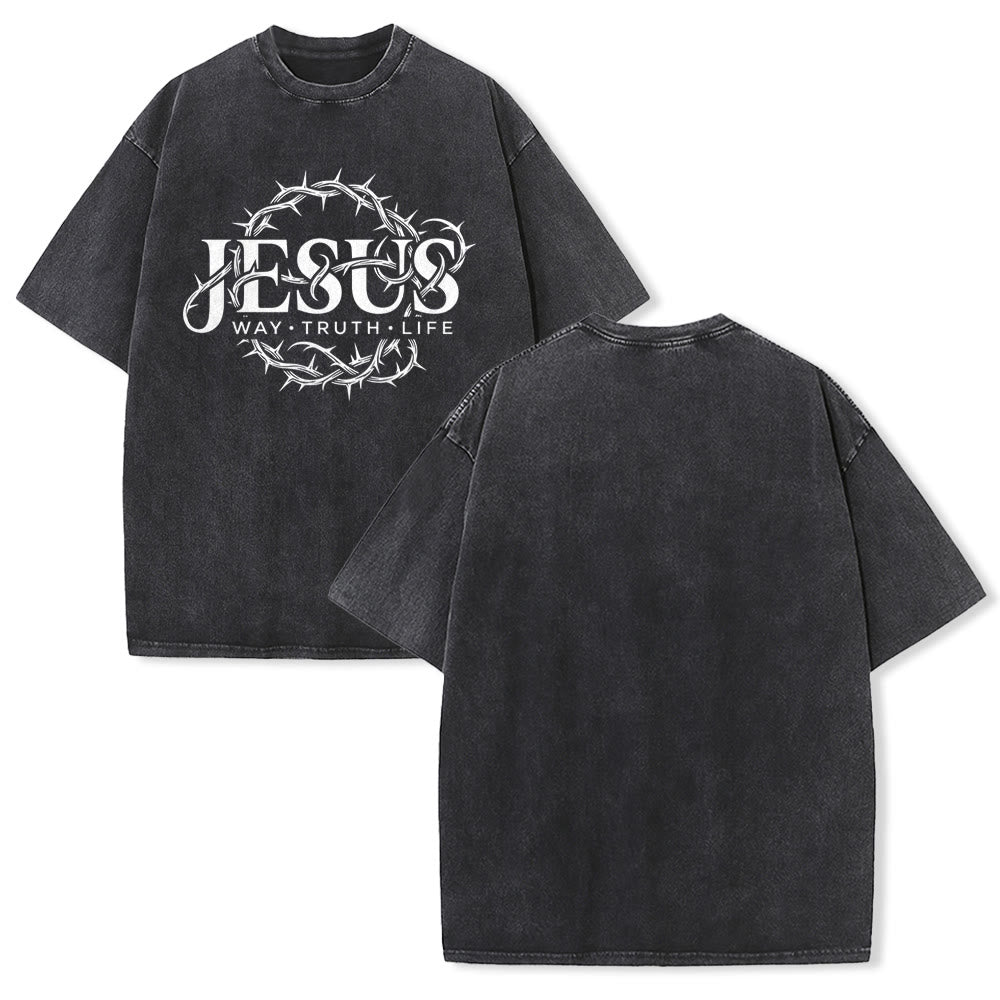 Christianartworkshop Jesus Weg Wahrheit Leben Dornenkrone Rundgrafik Gewaschenes Unisex T-Shirt - Schwarz - 5XL - image 1