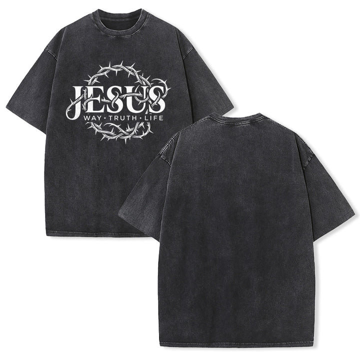 Christianartworkshop Jesus Weg Wahrheit Leben Dornenkrone Rundgrafik Gewaschenes Unisex T-Shirt - Schwarz - 5XL - image 1
