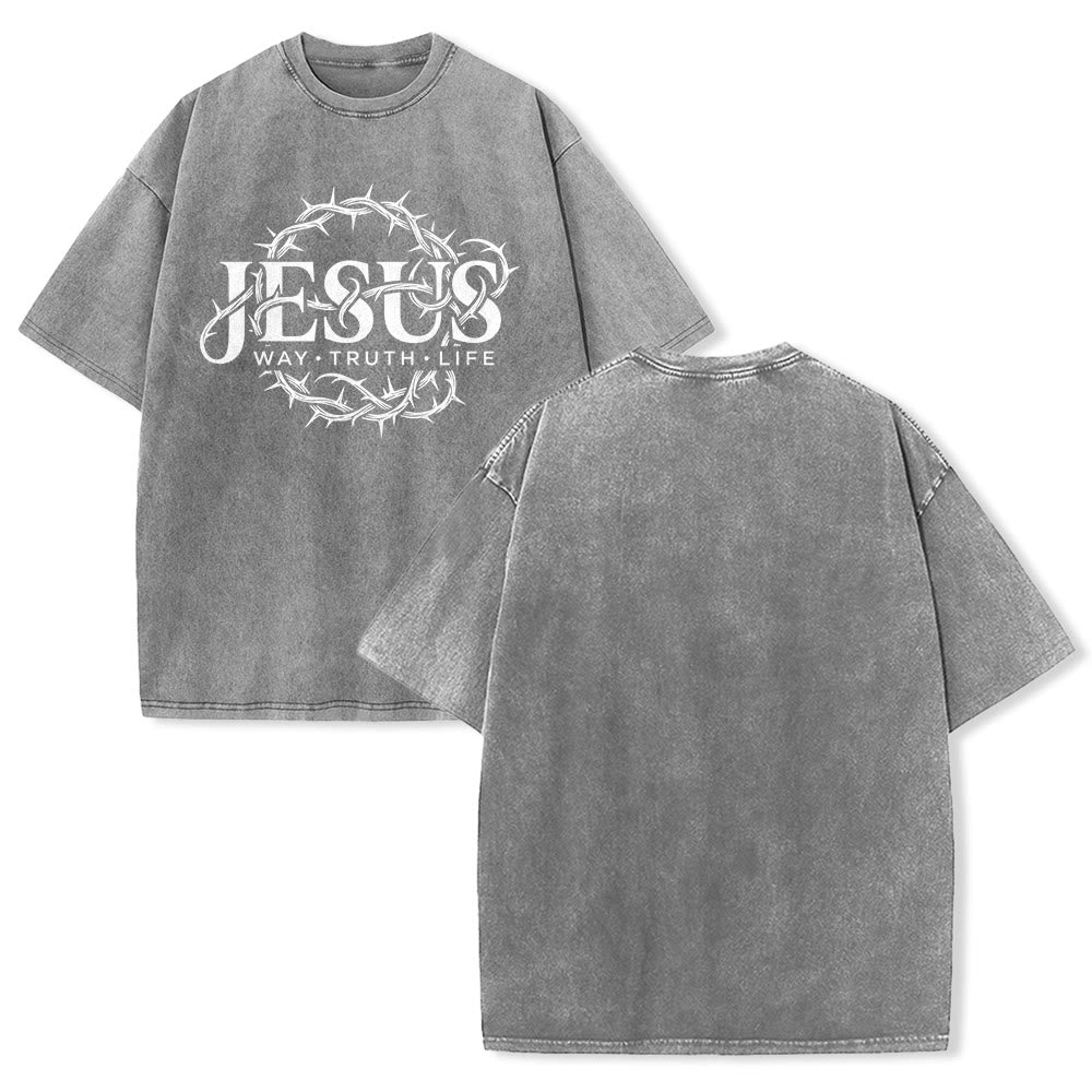 Christianartworkshop Jesus Weg Wahrheit Leben Dornenkrone Rundgrafik Gewaschenes Unisex T-Shirt - Grau - 5XL - image 4