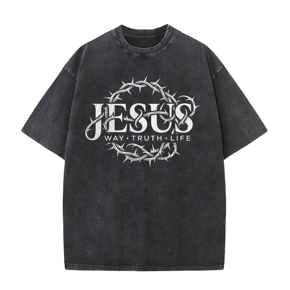 Christianartworkshop Jesus Weg Wahrheit Leben Dornenkrone Rundgrafik Gewaschenes Unisex T-Shirt - image 2