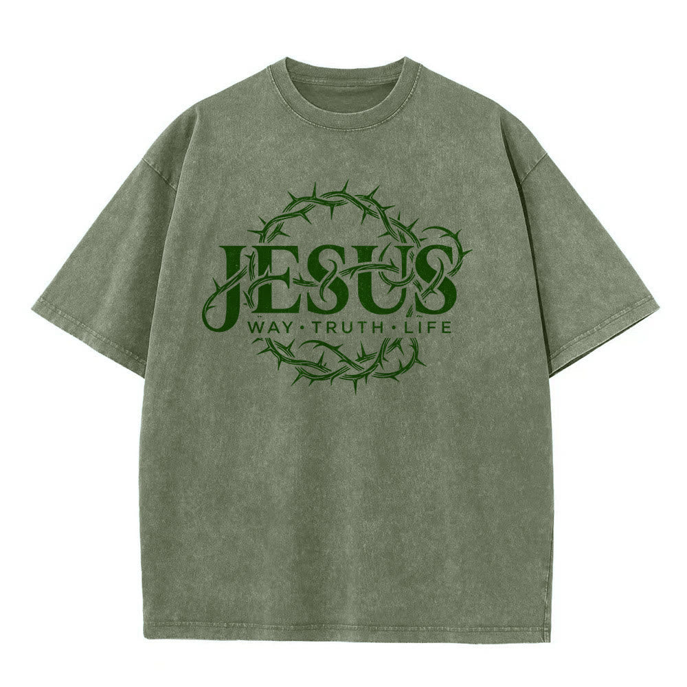 Christianartworkshop Jesus Weg Wahrheit Leben Dornenkrone Rundgrafik Gewaschenes Unisex T-Shirt - image 8