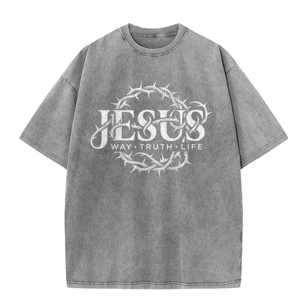Christianartworkshop Jesus Weg Wahrheit Leben Dornenkrone Rundgrafik Gewaschenes Unisex T-Shirt - image 5