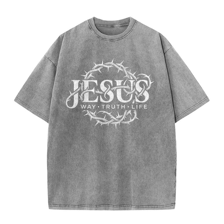 Christianartworkshop Jesus Weg Wahrheit Leben Dornenkrone Rundgrafik Gewaschenes Unisex T-Shirt - image 5