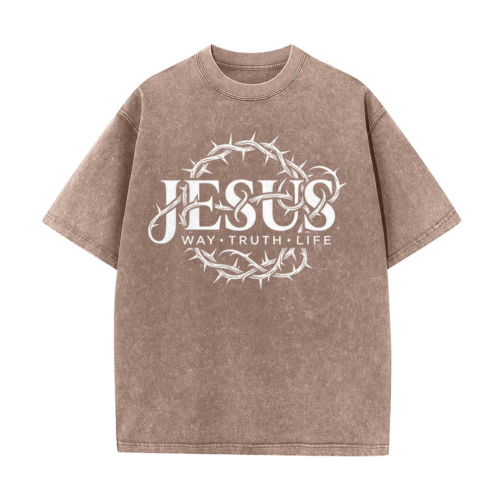Christianartworkshop Jesus Weg Wahrheit Leben Dornenkrone Rundgrafik Gewaschenes Unisex T-Shirt - image 14