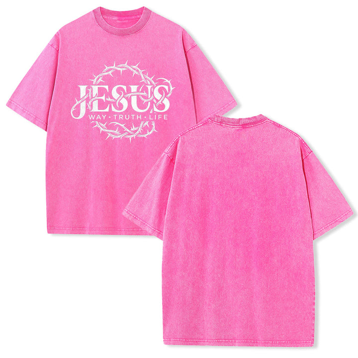 Christianartworkshop Jesus Weg Wahrheit Leben Dornenkrone Rundgrafik Gewaschenes Unisex T-Shirt - Rosa - 5XL - image 19