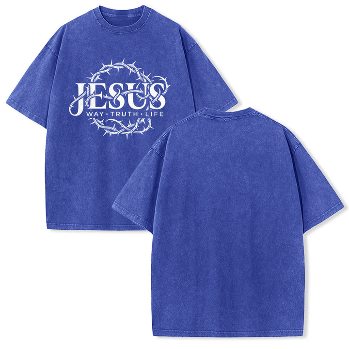 Christianartworkshop Jesus Weg Wahrheit Leben Dornenkrone Rundgrafik Gewaschenes Unisex T-Shirt - Blau - 5XL - image 25