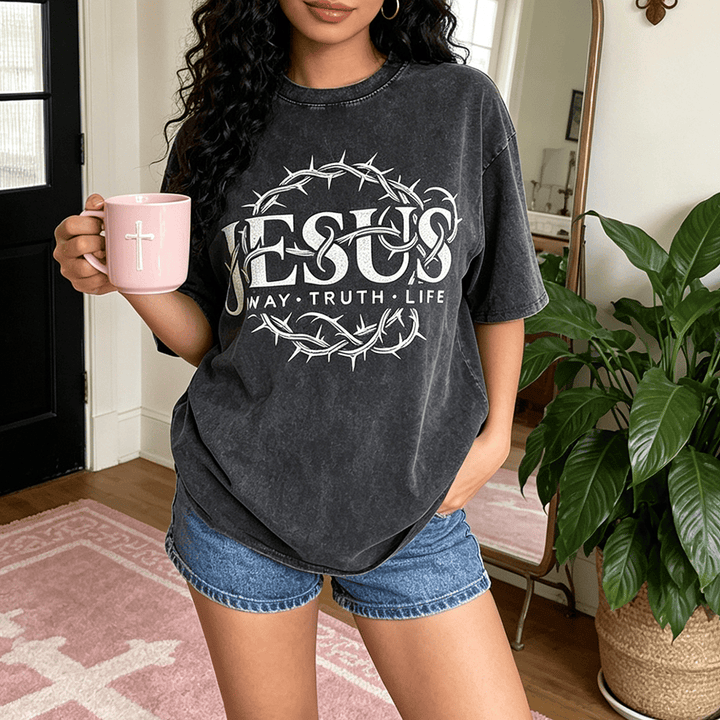 Christianartworkshop Jesus Weg Wahrheit Leben Dornenkrone Rundgrafik Gewaschenes Unisex T-Shirt - image 0