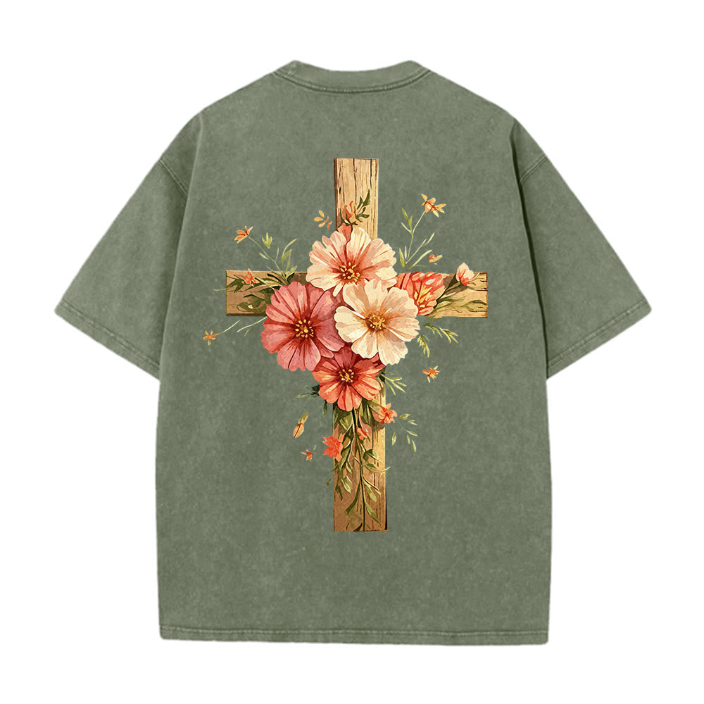 Christianartworkshop Jesus ist das Licht – Doppelseitiges, gewaschenes Unisex-T-Shirt mit Blumenkreuz-Grafik - image 9