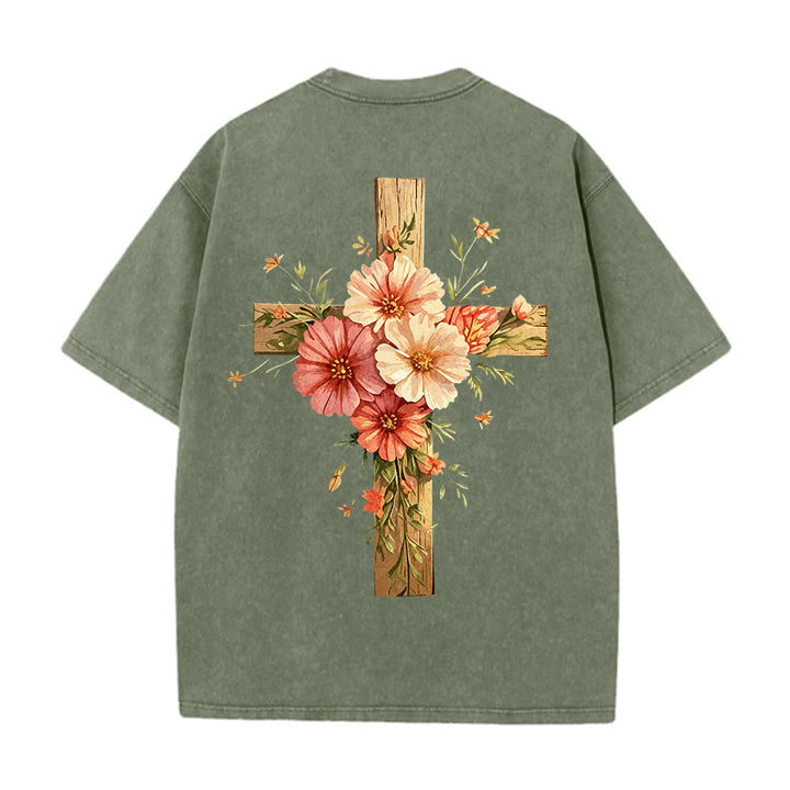 Christianartworkshop Jesus ist das Licht – Doppelseitiges, gewaschenes Unisex-T-Shirt mit Blumenkreuz-Grafik - image 9