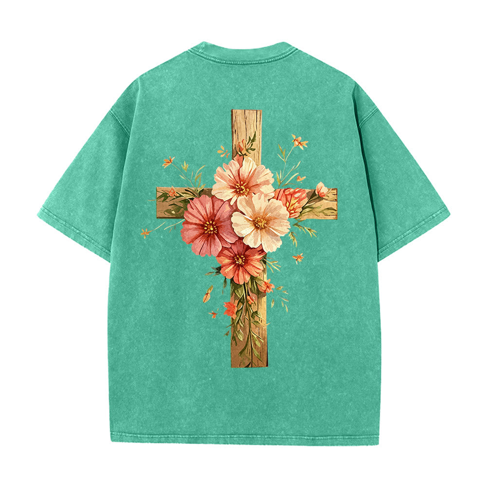 Christianartworkshop Jesus ist das Licht – Doppelseitiges, gewaschenes Unisex-T-Shirt mit Blumenkreuz-Grafik - image 12