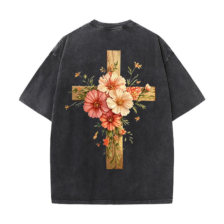 Christianartworkshop Jesus ist das Licht – Doppelseitiges, gewaschenes Unisex-T-Shirt mit Blumenkreuz-Grafik - image 3