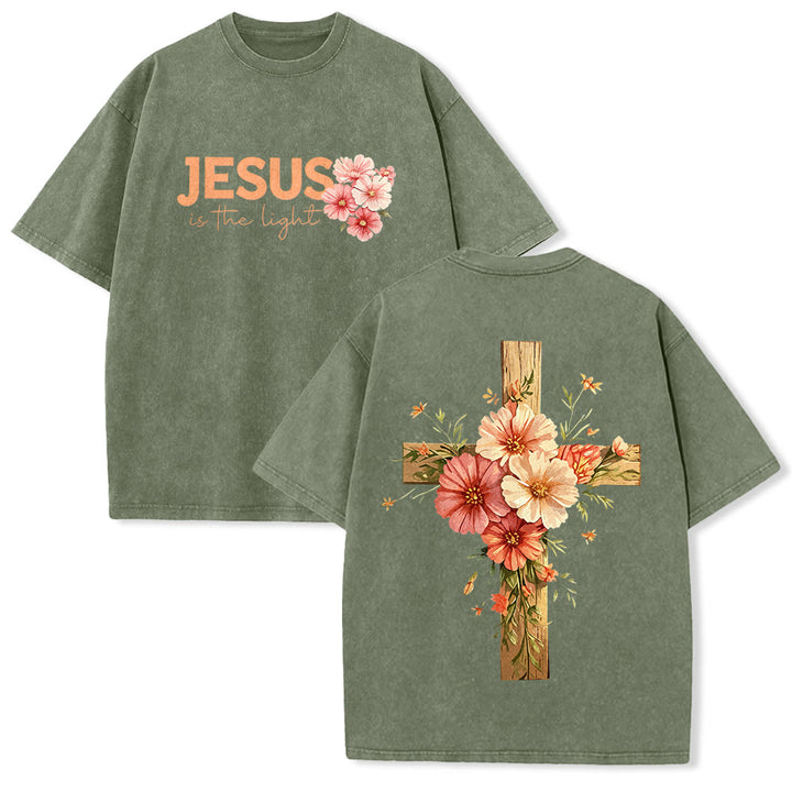 Christianartworkshop Jesus ist das Licht – Doppelseitiges, gewaschenes Unisex-T-Shirt mit Blumenkreuz-Grafik - Armeegrün - 5XL - image 7