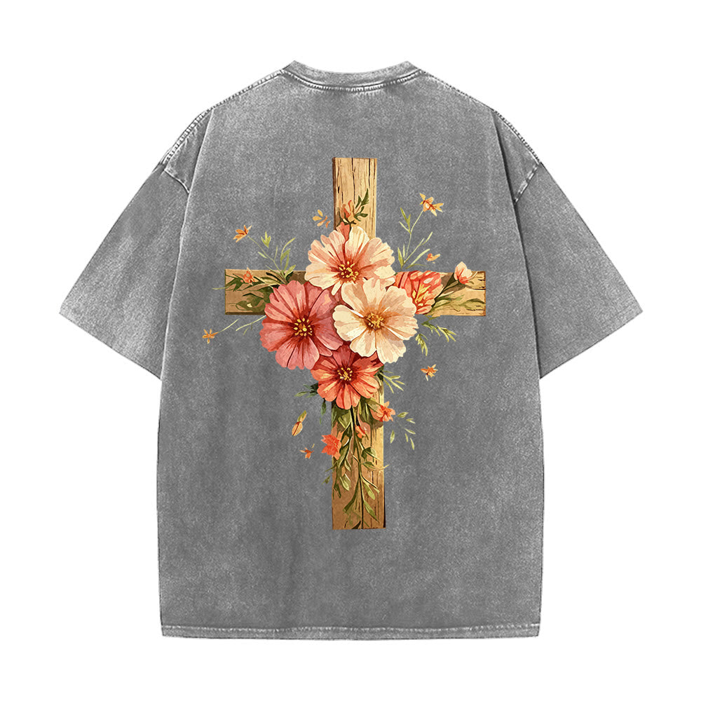 Christianartworkshop Jesus ist das Licht – Doppelseitiges, gewaschenes Unisex-T-Shirt mit Blumenkreuz-Grafik - image 6