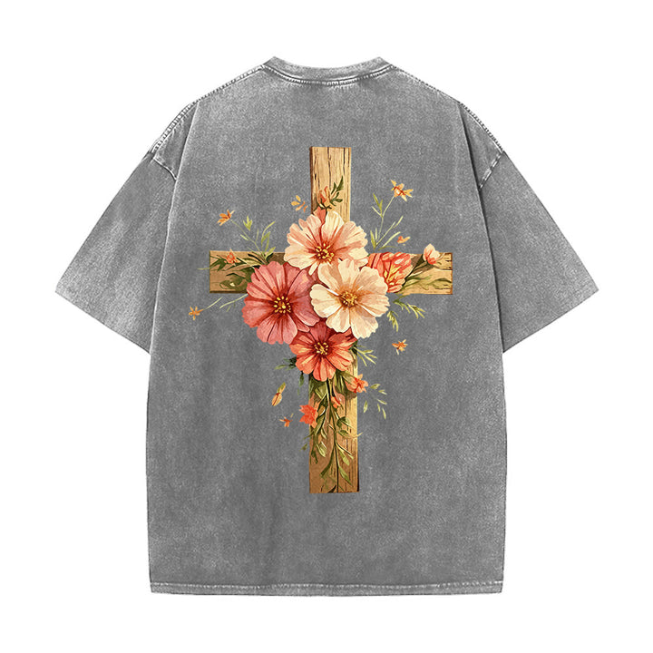Christianartworkshop Jesus ist das Licht – Doppelseitiges, gewaschenes Unisex-T-Shirt mit Blumenkreuz-Grafik - image 6