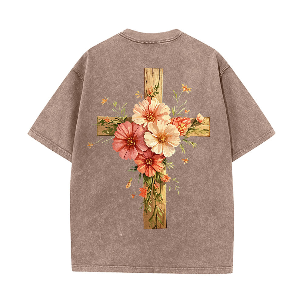 Christianartworkshop Jesus ist das Licht – Doppelseitiges, gewaschenes Unisex-T-Shirt mit Blumenkreuz-Grafik - image 15