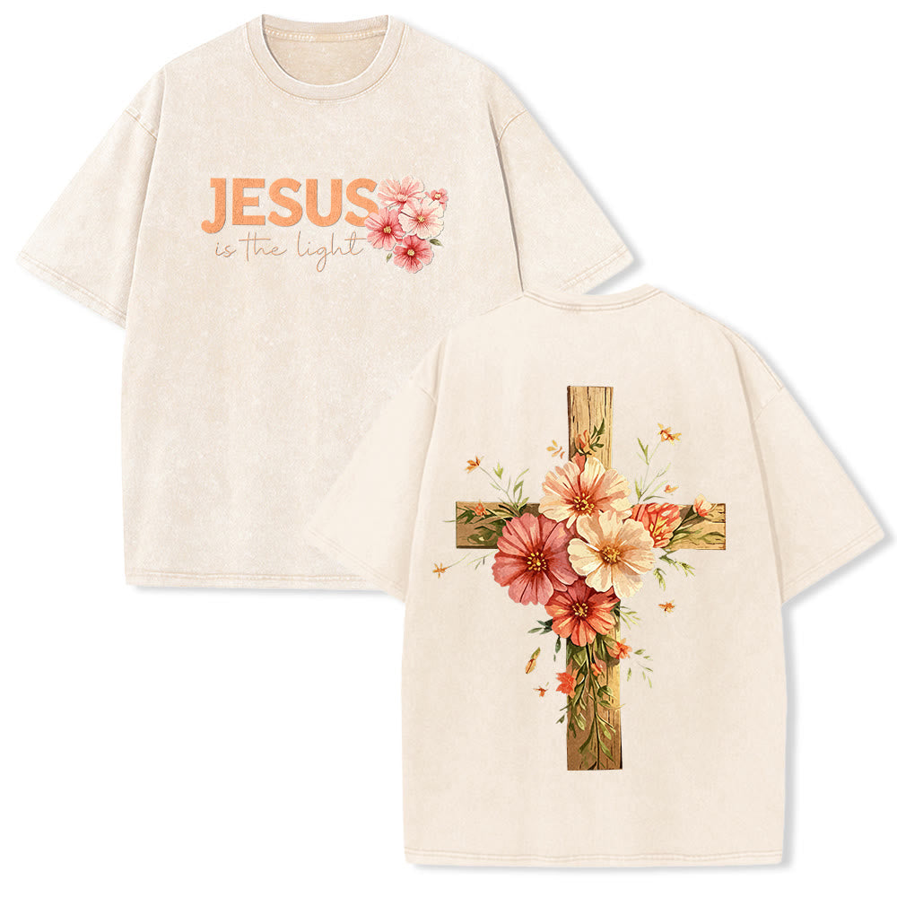 Christianartworkshop Jesus ist das Licht – Doppelseitiges, gewaschenes Unisex-T-Shirt mit Blumenkreuz-Grafik - Beige - 5XL - image 16