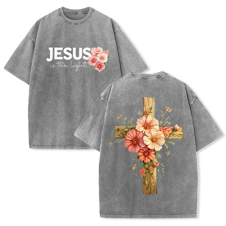 Christianartworkshop Jesus ist das Licht – Doppelseitiges, gewaschenes Unisex-T-Shirt mit Blumenkreuz-Grafik - Grau - 5XL - image 4