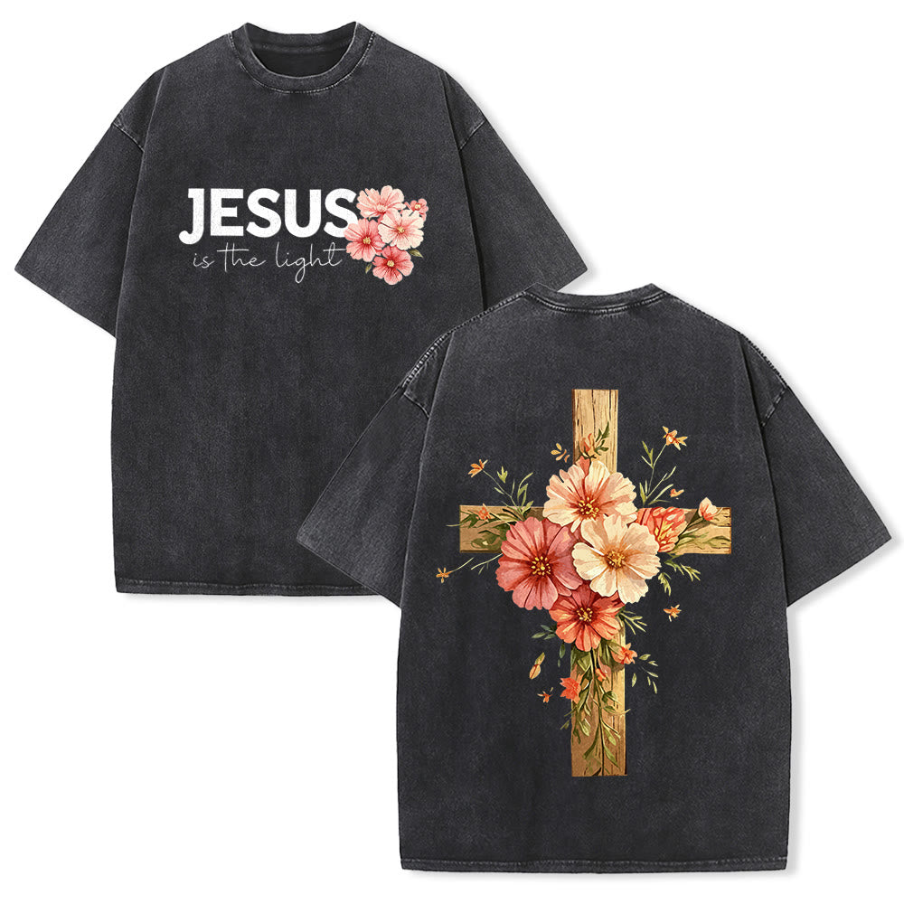 Christianartworkshop Jesus ist das Licht – Doppelseitiges, gewaschenes Unisex-T-Shirt mit Blumenkreuz-Grafik - Schwarz - 5XL - image 1