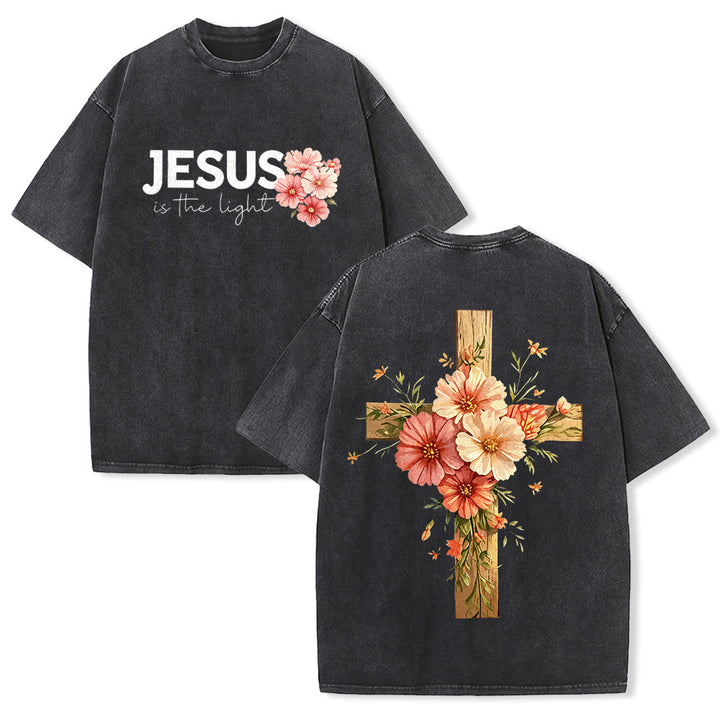 Christianartworkshop Jesus ist das Licht – Doppelseitiges, gewaschenes Unisex-T-Shirt mit Blumenkreuz-Grafik - Schwarz - 5XL - image 1