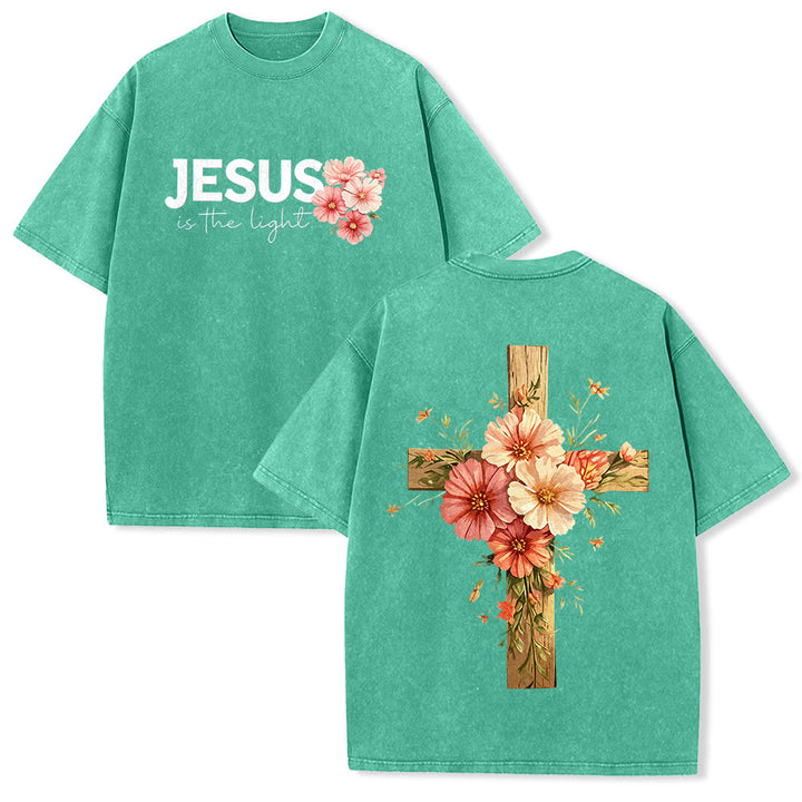 Christianartworkshop Jesus ist das Licht – Doppelseitiges, gewaschenes Unisex-T-Shirt mit Blumenkreuz-Grafik - Grün - 5XL - image 10