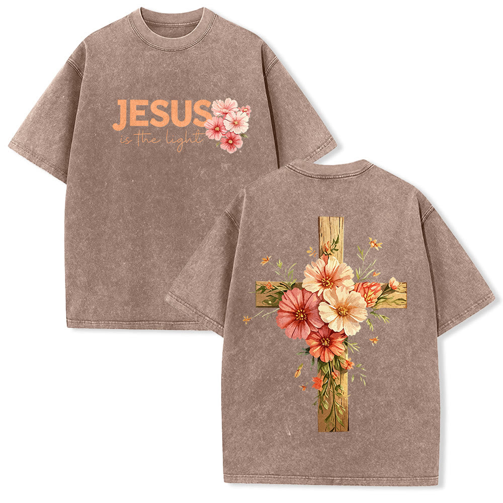 Christianartworkshop Jesus ist das Licht – Doppelseitiges, gewaschenes Unisex-T-Shirt mit Blumenkreuz-Grafik - Braun - 5XL - image 13