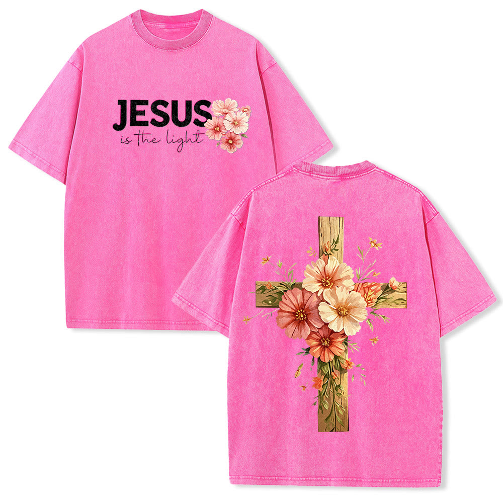 Christianartworkshop Jesus ist das Licht – Doppelseitiges, gewaschenes Unisex-T-Shirt mit Blumenkreuz-Grafik - Rosa - 5XL - image 19
