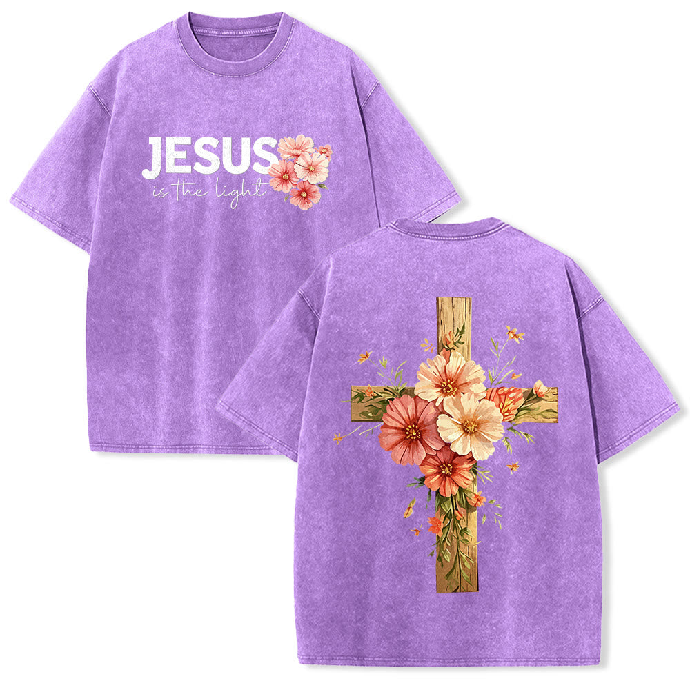 Christianartworkshop Jesus ist das Licht – Doppelseitiges, gewaschenes Unisex-T-Shirt mit Blumenkreuz-Grafik - Lila - 5XL - image 22
