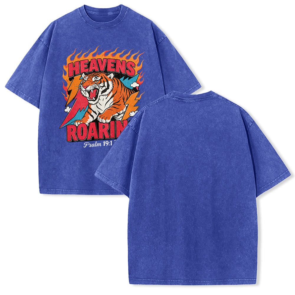 Christianartworkshop Himmel brüllt Tigerflamme Blitz Psalm 19:1 Retro-T-Shirt (verwaschen) Unisex - Blau - 5XL - image 1