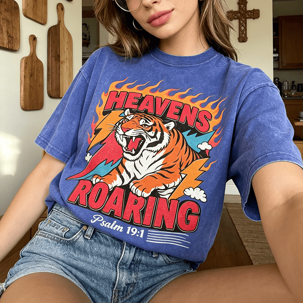 Christianartworkshop Himmel brüllt Tigerflamme Blitz Psalm 19:1 Retro-T-Shirt (verwaschen) Unisex - image 0