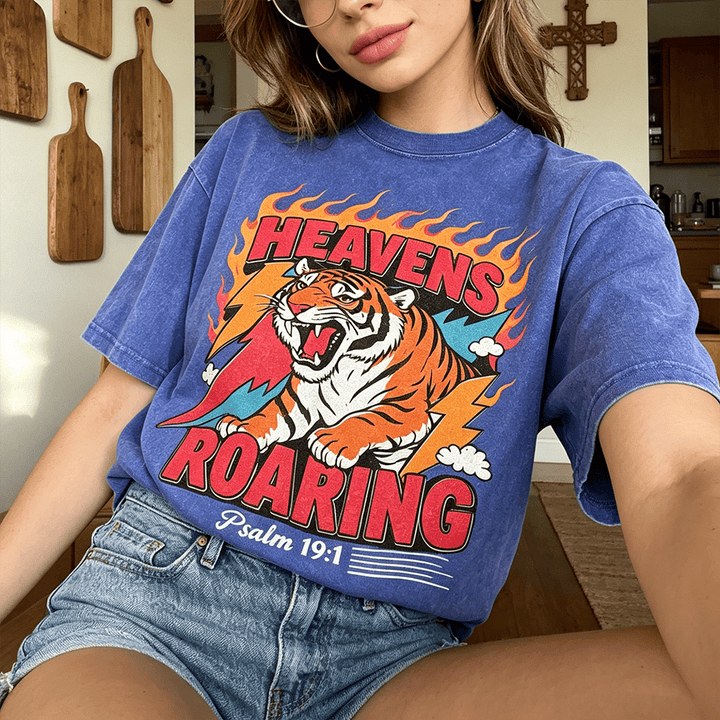 Christianartworkshop Himmel brüllt Tigerflamme Blitz Psalm 19:1 Retro-T-Shirt (verwaschen) Unisex - image 0