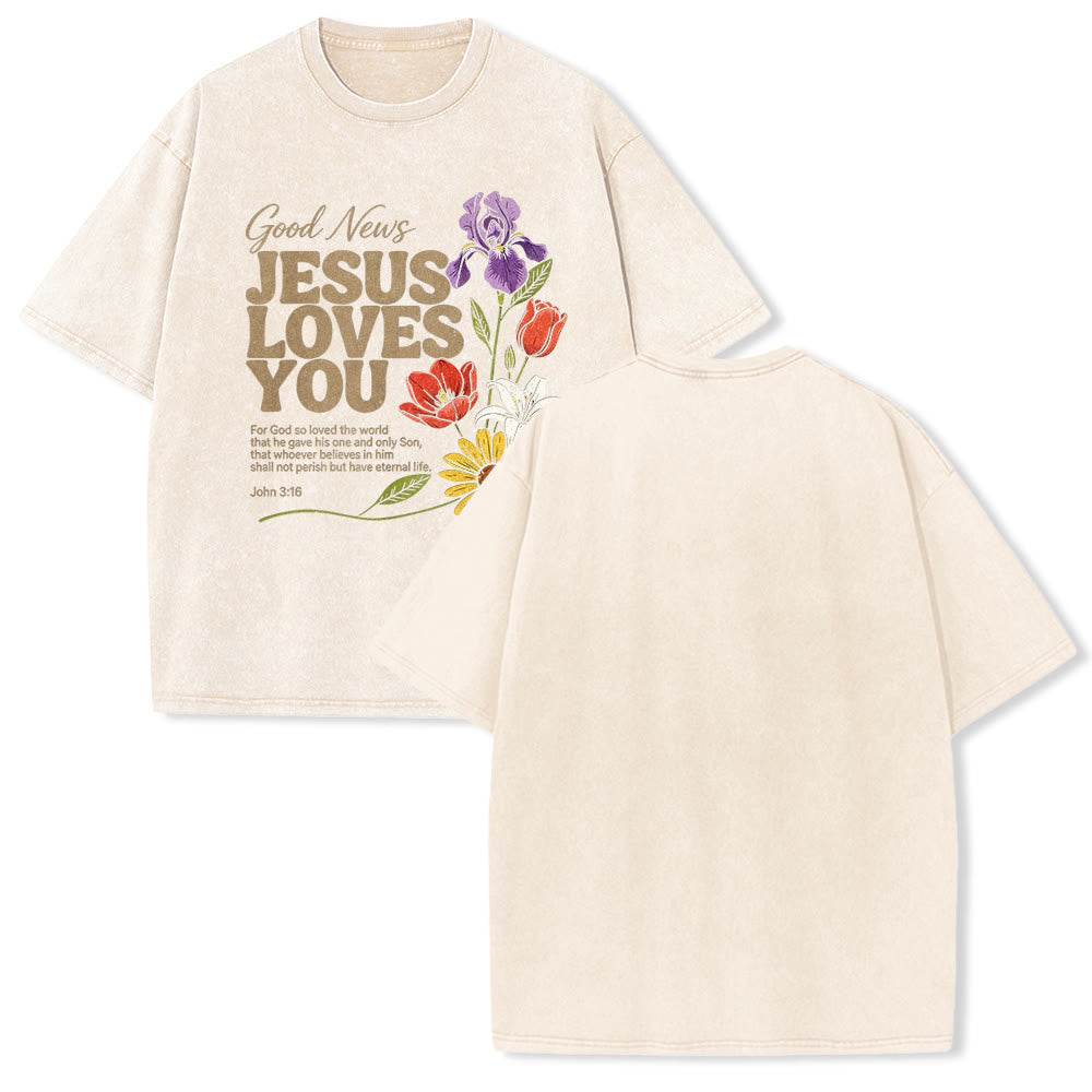 Christianartworkshop Gute Nachricht: Jesus liebt dich! Blumenmuster, Johannes 3,16, Vintage-T-Shirt (Unisex) - Beige - 5XL - image 1