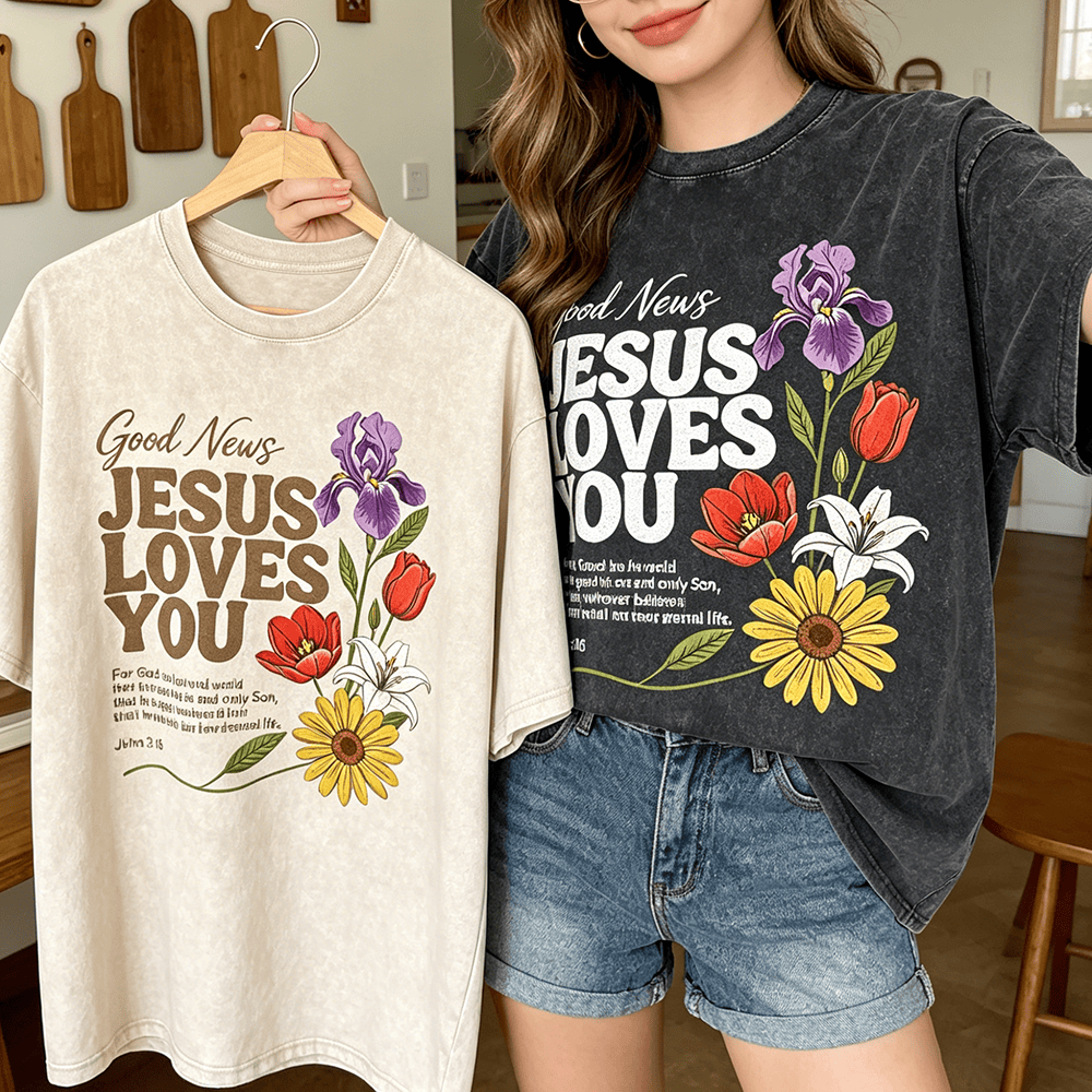 Christianartworkshop Gute Nachricht: Jesus liebt dich! Blumenmuster, Johannes 3,16, Vintage-T-Shirt (Unisex) - image 0