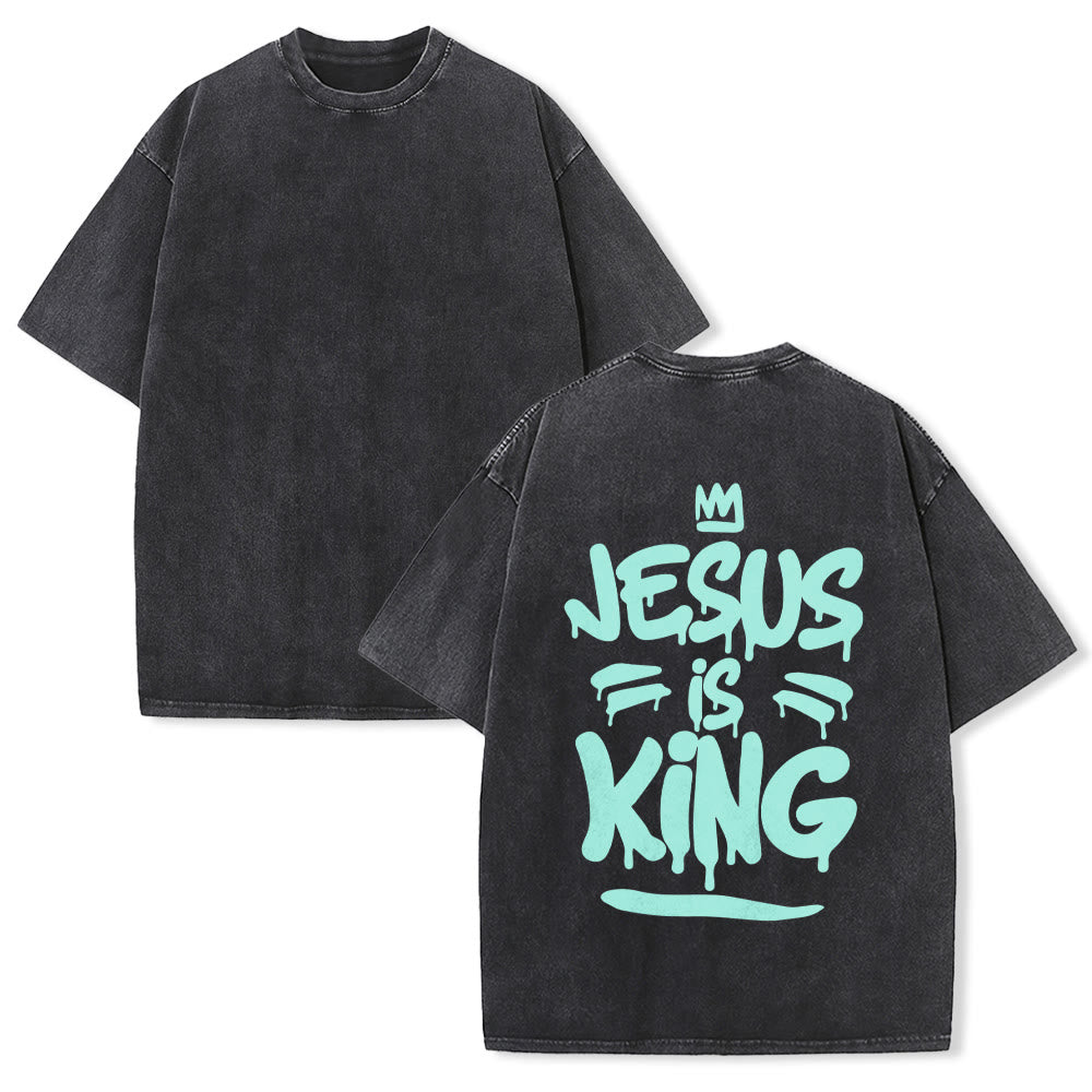 Christianartworkshop Jesus Is King Drip Graffiti Crown Back Print Vintage Washed Unisex T-Shirt - Schwarz - 5XL - image 1
