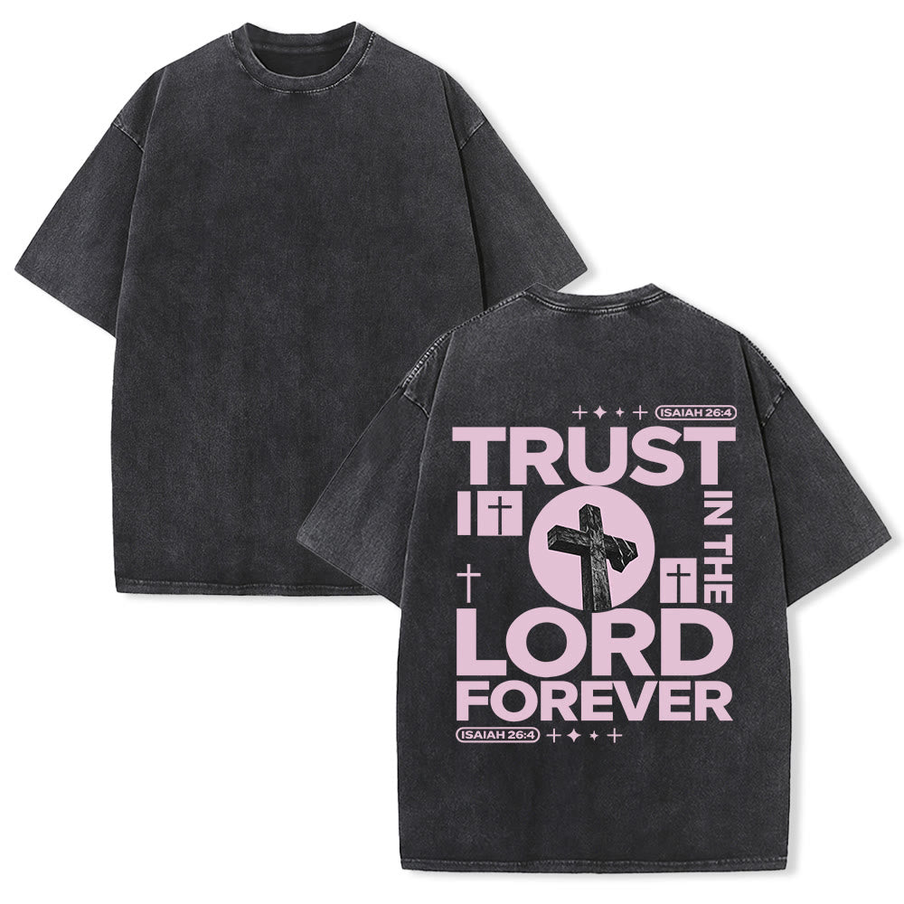Christianartworkshop Vertraue dem Herrn für immer – Kreuz- und Sternvers-Rückendruck, Vintage-Waschung, Unisex-T-Shirt - Schwarz - 5XL - image 1