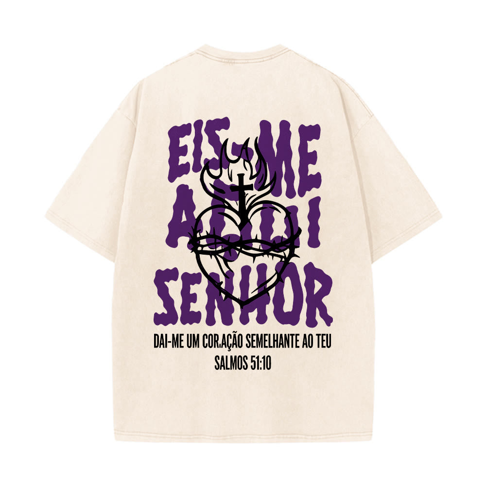 Christianartworkshop Portugiesisches spirituelles T-Shirt mit Dornenmotiv, Herz-Jesu-Kreuz und Flammenmotiv auf der Rückseite – gewaschenes Unisex-Design - image 2