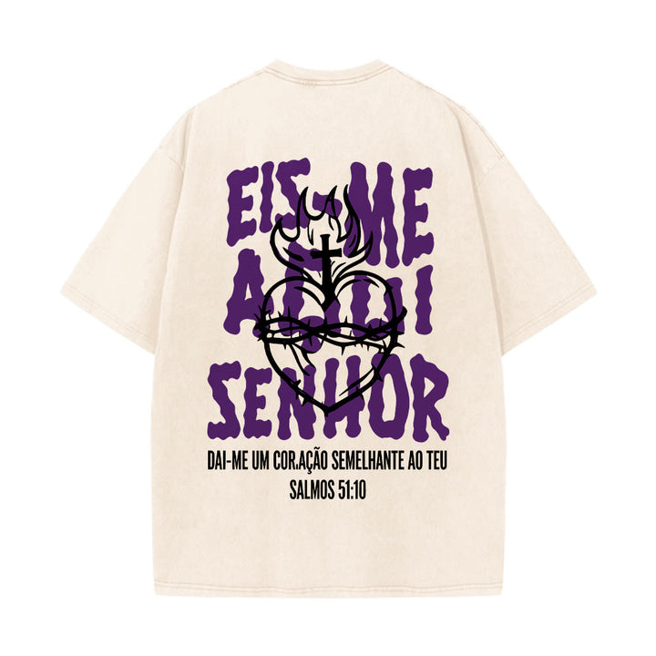 Christianartworkshop Portugiesisches spirituelles T-Shirt mit Dornenmotiv, Herz-Jesu-Kreuz und Flammenmotiv auf der Rückseite – gewaschenes Unisex-Design - image 2