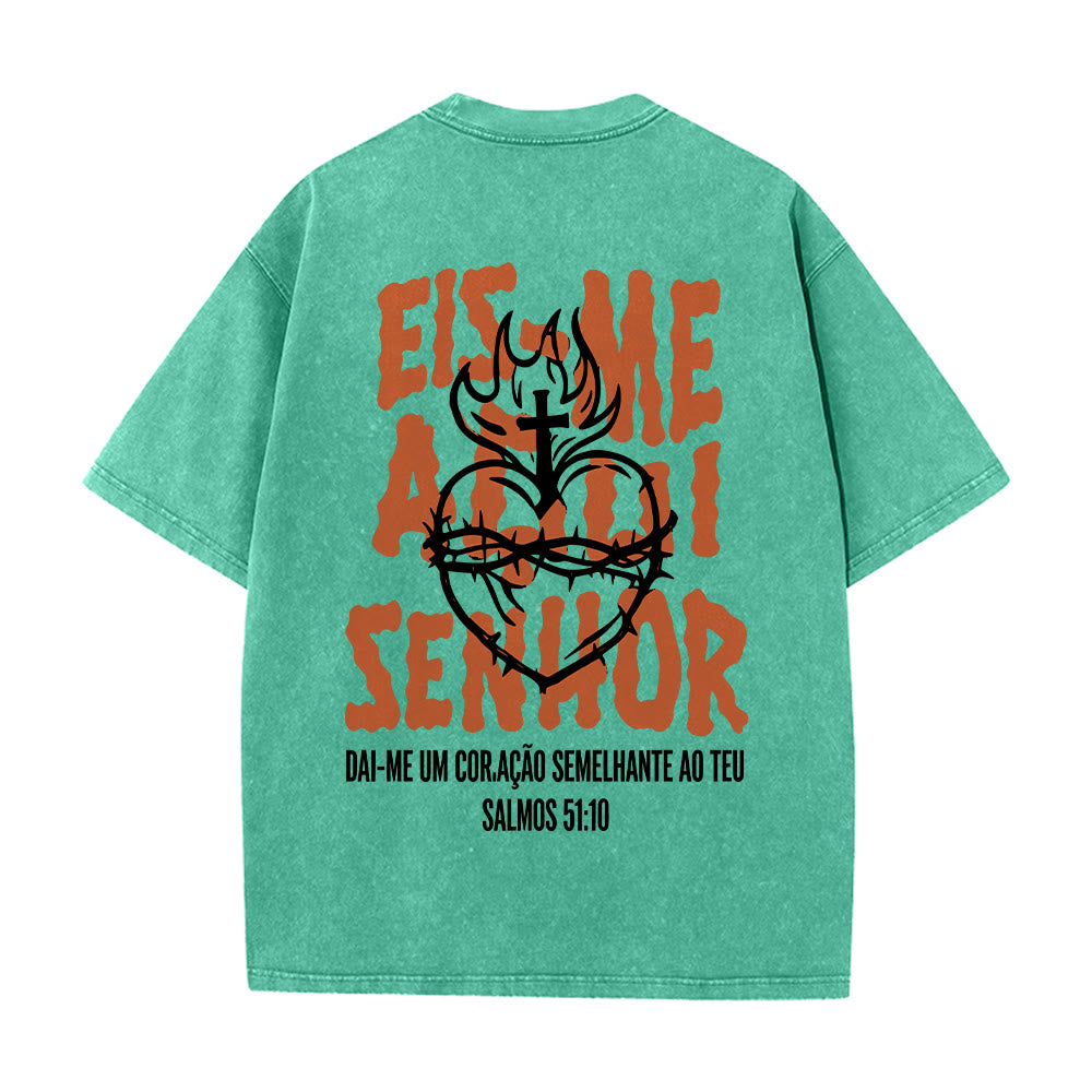 Christianartworkshop Portugiesisches spirituelles T-Shirt mit Dornenmotiv, Herz-Jesu-Kreuz und Flammenmotiv auf der Rückseite – gewaschenes Unisex-Design - image 14