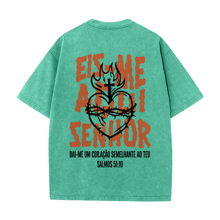 Christianartworkshop Portugiesisches spirituelles T-Shirt mit Dornenmotiv, Herz-Jesu-Kreuz und Flammenmotiv auf der Rückseite – gewaschenes Unisex-Design - image 14