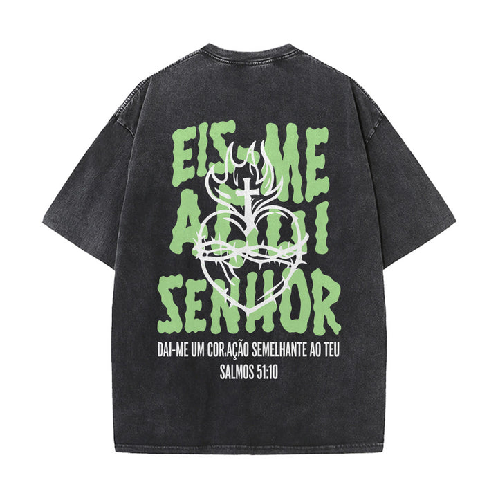 Christianartworkshop Portugiesisches spirituelles T-Shirt mit Dornenmotiv, Herz-Jesu-Kreuz und Flammenmotiv auf der Rückseite – gewaschenes Unisex-Design - image 5
