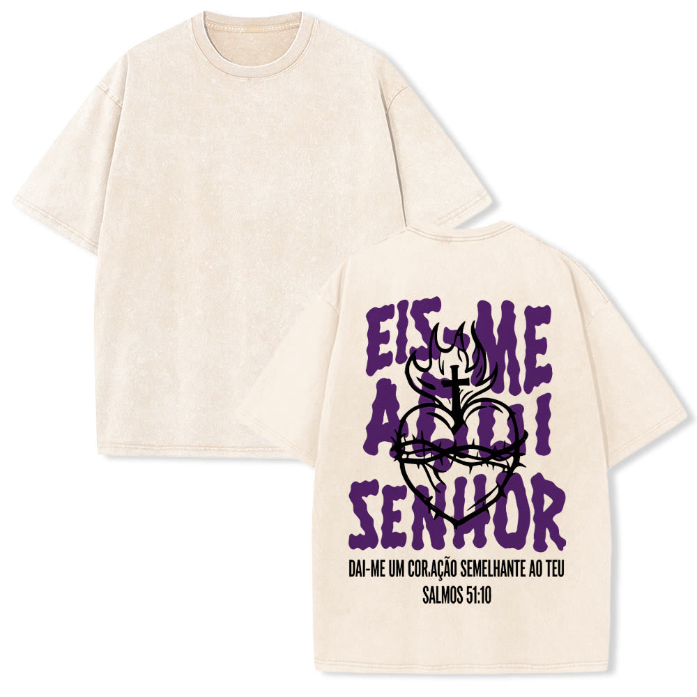 Christianartworkshop Portugiesisches spirituelles T-Shirt mit Dornenmotiv, Herz-Jesu-Kreuz und Flammenmotiv auf der Rückseite – gewaschenes Unisex-Design - Beige - 5XL - image 1