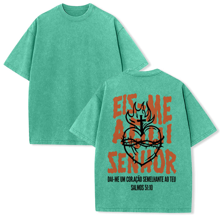 Christianartworkshop Portugiesisches spirituelles T-Shirt mit Dornenmotiv, Herz-Jesu-Kreuz und Flammenmotiv auf der Rückseite – gewaschenes Unisex-Design - Grün - 5XL - image 13