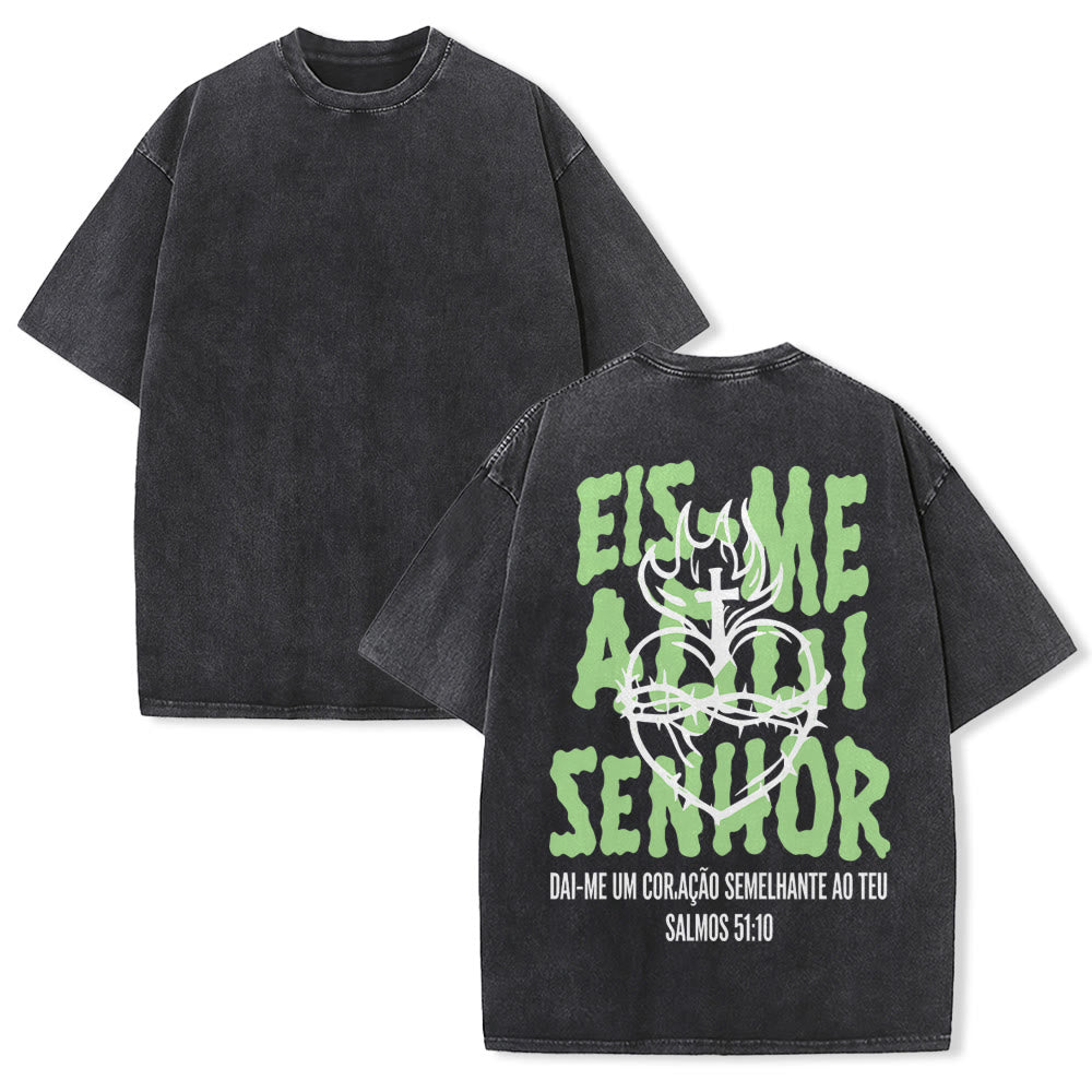 Christianartworkshop Portugiesisches spirituelles T-Shirt mit Dornenmotiv, Herz-Jesu-Kreuz und Flammenmotiv auf der Rückseite – gewaschenes Unisex-Design - Schwarz - 5XL - image 4
