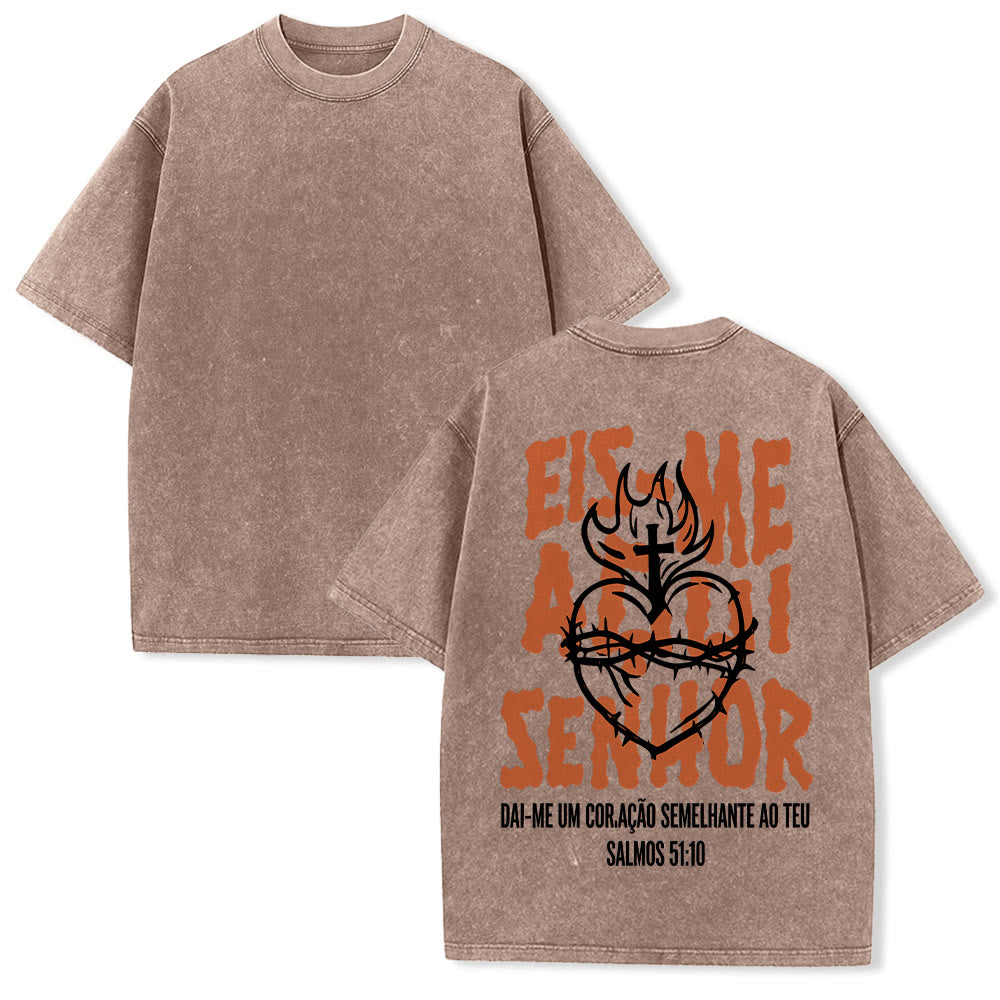 Christianartworkshop Portugiesisches spirituelles T-Shirt mit Dornenmotiv, Herz-Jesu-Kreuz und Flammenmotiv auf der Rückseite – gewaschenes Unisex-Design - Braun - 5XL - image 19