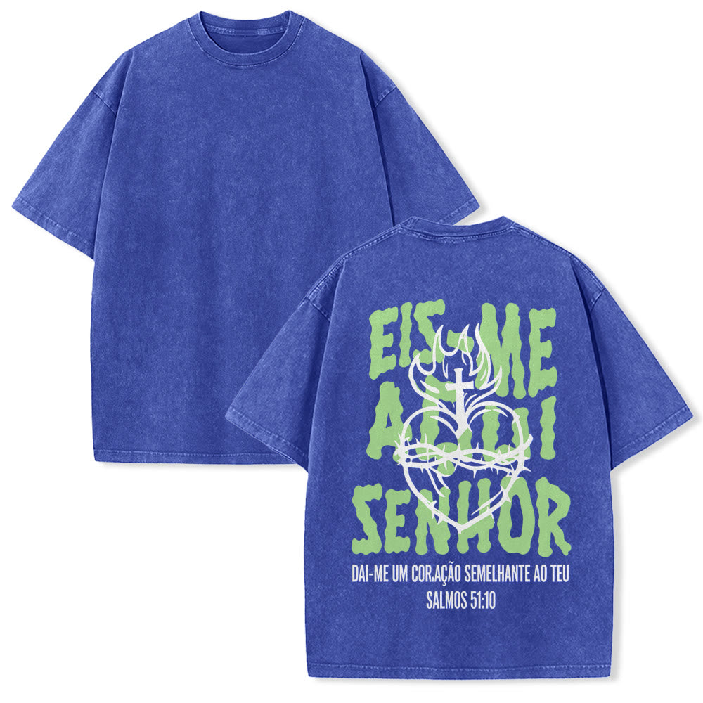 Christianartworkshop Portugiesisches spirituelles T-Shirt mit Dornenmotiv, Herz-Jesu-Kreuz und Flammenmotiv auf der Rückseite – gewaschenes Unisex-Design - Blau - 5XL - image 10