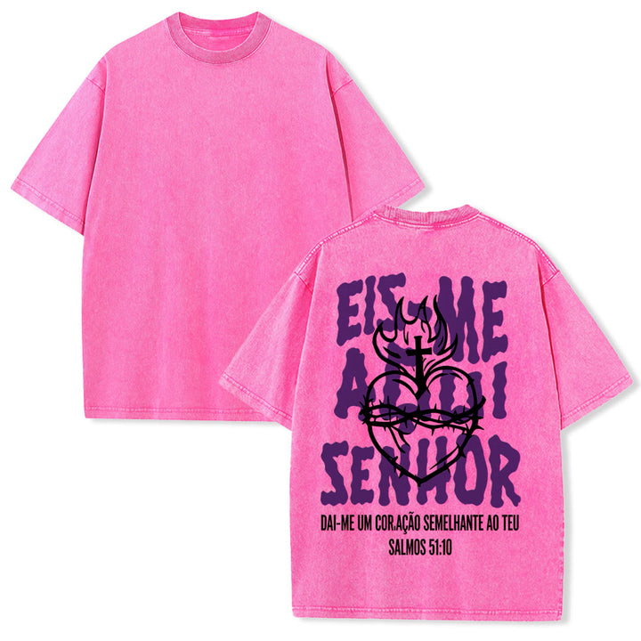 Christianartworkshop Portugiesisches spirituelles T-Shirt mit Dornenmotiv, Herz-Jesu-Kreuz und Flammenmotiv auf der Rückseite – gewaschenes Unisex-Design - Rosa - 5XL - image 7
