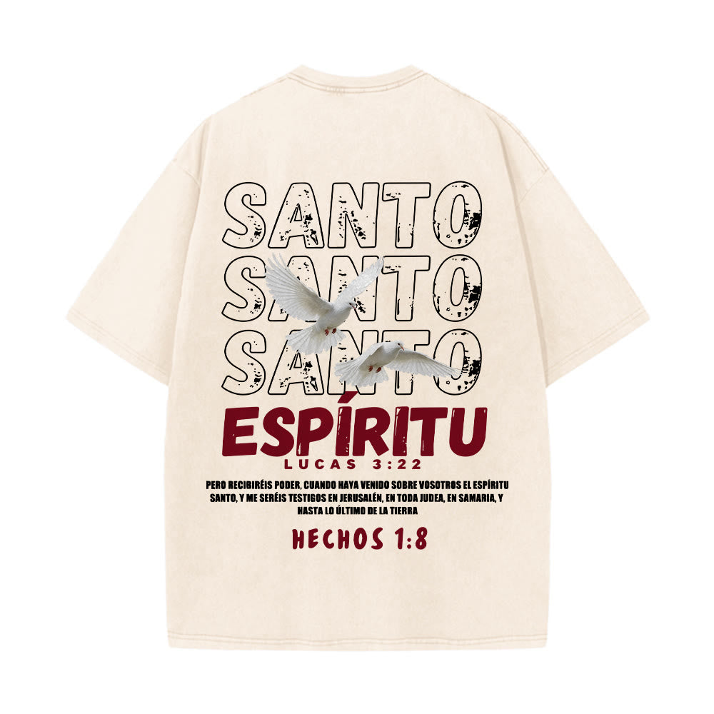 Christianartworkshop Spanischer Heiliger Geist-Slogan, Doppeltaube, Used-Look-Schriftart, Rückseitengrafik, gewaschenes Unisex-T-Shirt - image 2