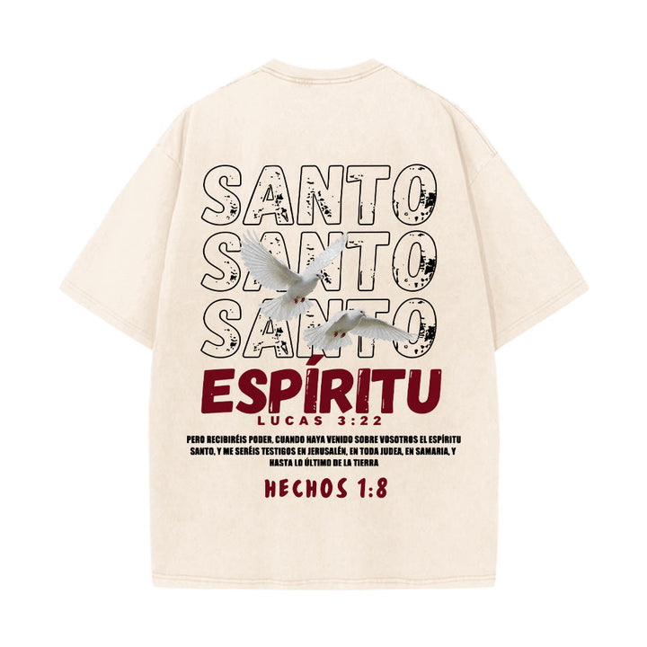 Christianartworkshop Spanischer Heiliger Geist-Slogan, Doppeltaube, Used-Look-Schriftart, Rückseitengrafik, gewaschenes Unisex-T-Shirt - image 2